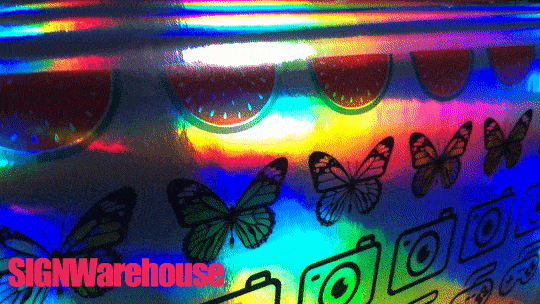 Sheet of printed graphics on Schein Rainbow holographic vinyl