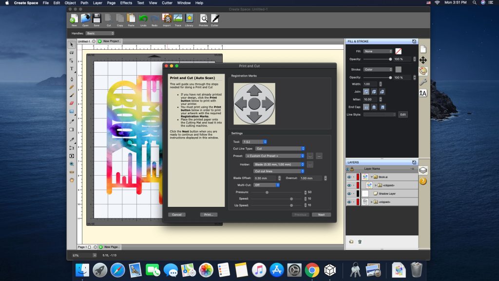 Create Space GUI showing print and cut workflow