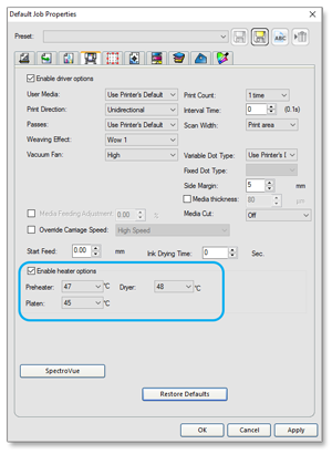Default job properties for PrismJET